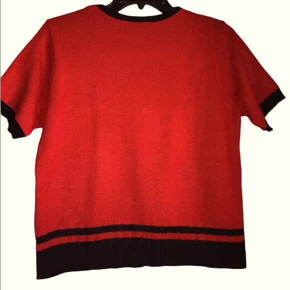 Willow Ridge Red Black Trim Knit Short Sleeve Sweater Top Size M Classic - Picture 9 of 10